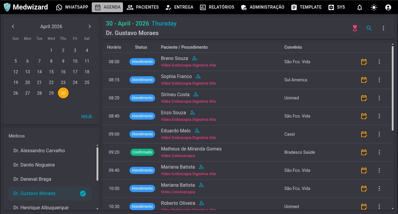 Tela de agenda do Medwizard
