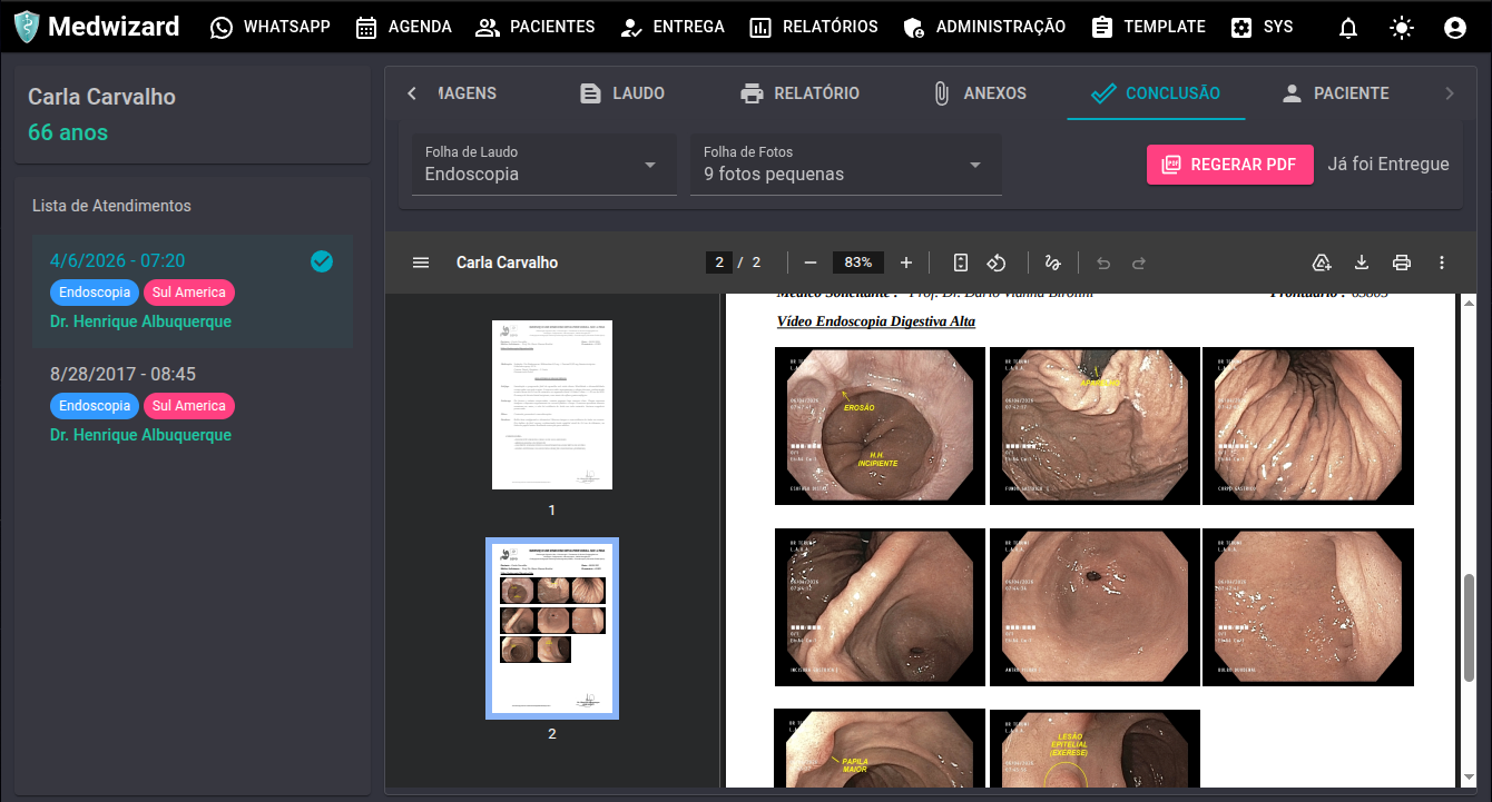 Preview do laudo em PDF do Medwizard